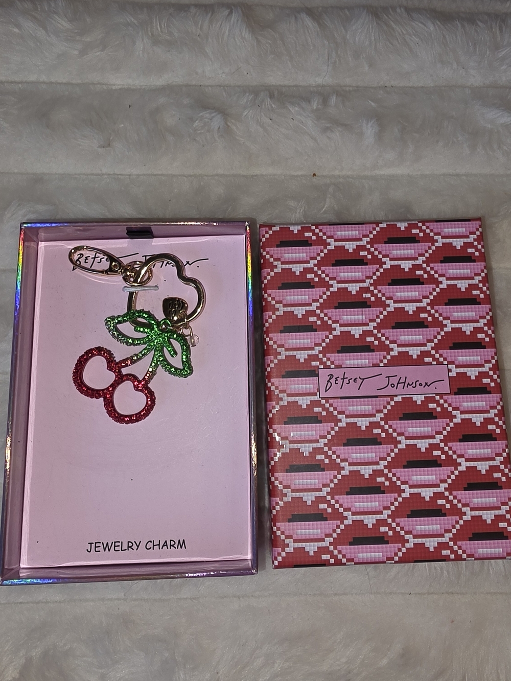 Betsey Johnson Red & Green Glitter Cherry Charm Keychain